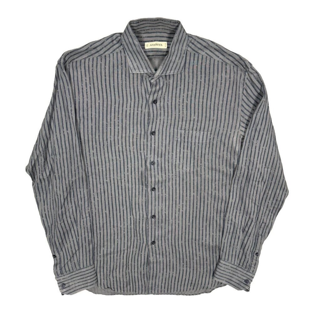 AteSeta 100% Linen Dress Shirt Striped Long Sleeve Blue 41 16 Large